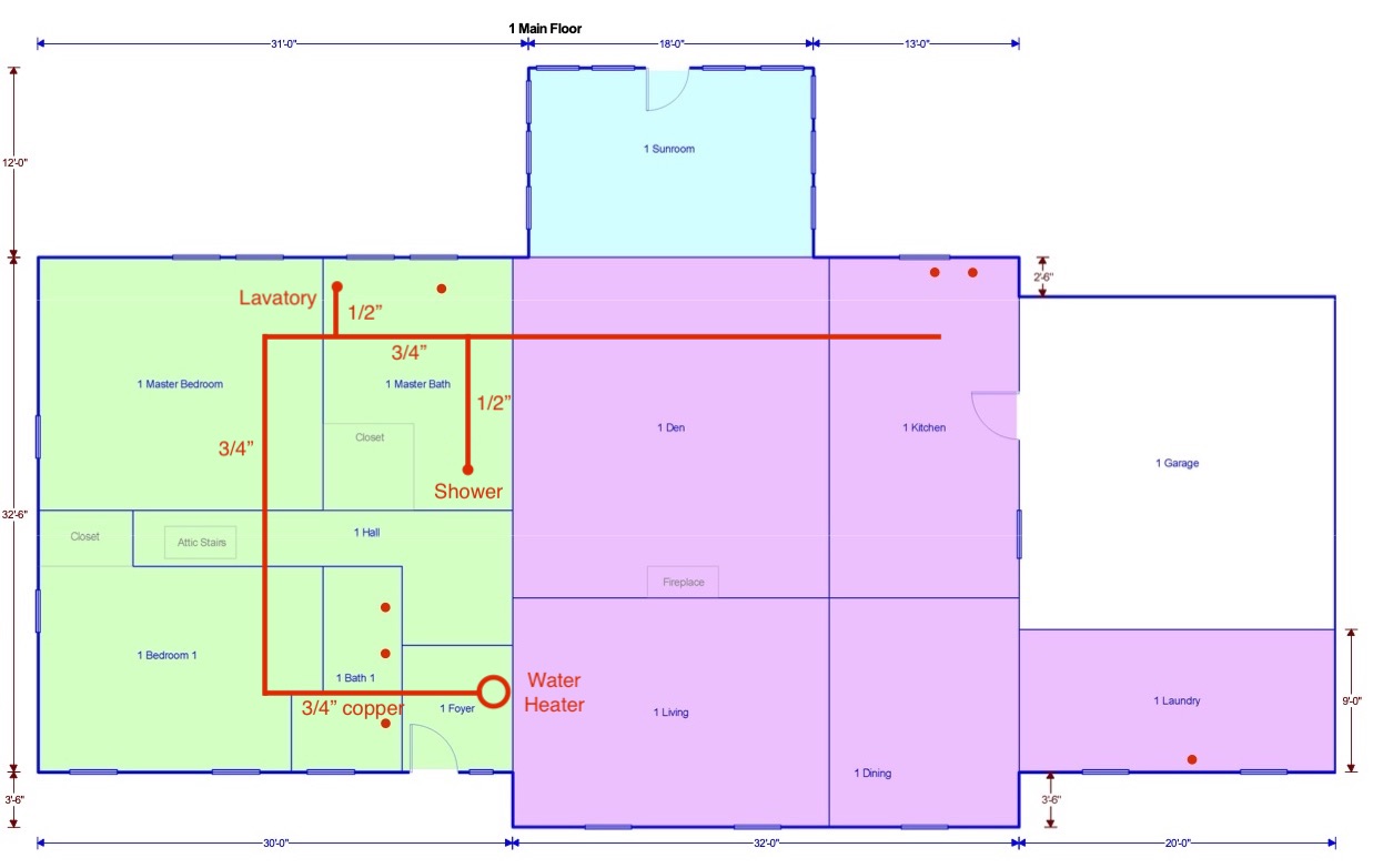 Hot water distribution to the primary bathroom lavatory and shower before retrofit