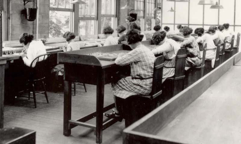 "Radium girls" painting watch faces with radioactive glow-in-the-dark paint [pubic domain]