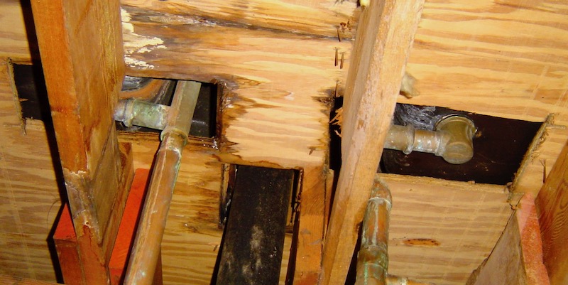 Nasty, damp air can leak into the living space above through holes like these bathtub drain holes